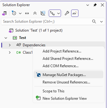 Shows VS2022's Solution Explorer with project expanded. The References line is highlighted and a menu is open. On that menu the "Manage NuGet Packages" line is highlighted.