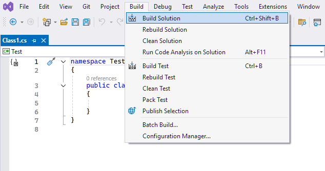 VS2022 top menu "Build" is open with "build solution" highlighted (ctrl + shift + b).