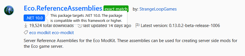 Shows the search result of Eco.ReferenceAssemblies. In a blue chip the text ".NET 8.0" can be seen.