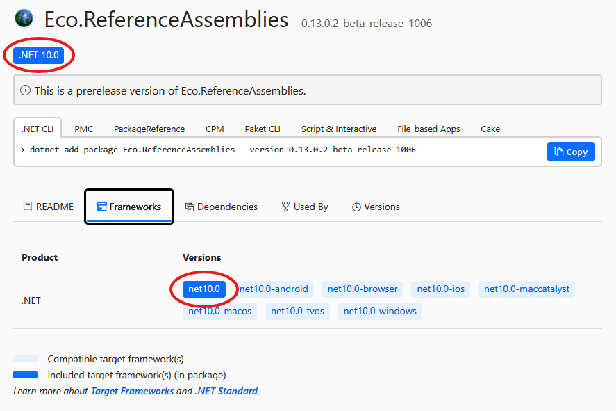 Show the package page for "Eco.ReferenceAssemblies" on NuGet Gallery. Circled in red are two chips with some version of the text ".NET 8.0" inside them.