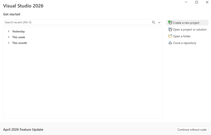 VS2022's launch dashboard showing recent projects on the left and quick action buttons on the right. Highlighted is a button titled "Create a new project".