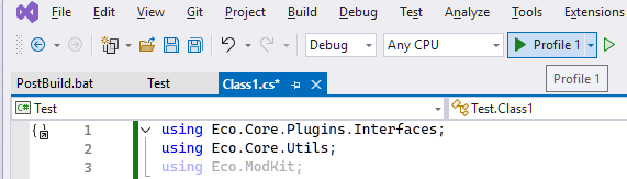 Highlighted is the play button for VS2022's debugger. The "Profile 1" is still selected from before.