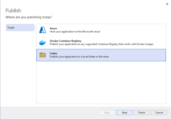 VS2022's publish wizard showing the target selection screen. The Folder option is highlighted.