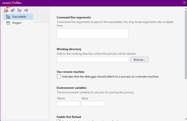 VS2022's launch profile window is open. Underlined and pointed to by a red mark is the "Create a new profile" button, located in the top-left of the window. Highlighted from the menu under it is the option reading "Executable".