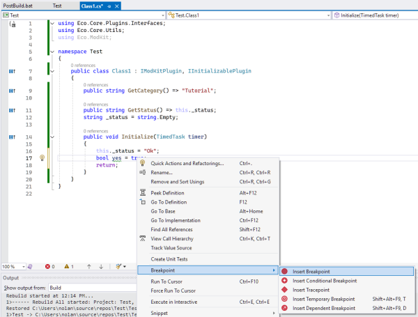 A boilerplate example of a mod is shown in the VS2022 text editor. A line has a menu open above it with the option "Breakpoint" expanded and the option "Insert Breakpoint" highlighted on the sub-menu.