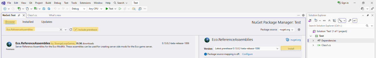 VS2022 is open to the NuGet tab and is searching with the text Eco.ReferenceAssemblies. The checkbox to the right of the search is checked -- include prerelease. The only search result is selected. There is yellow highlights over part of the photo.