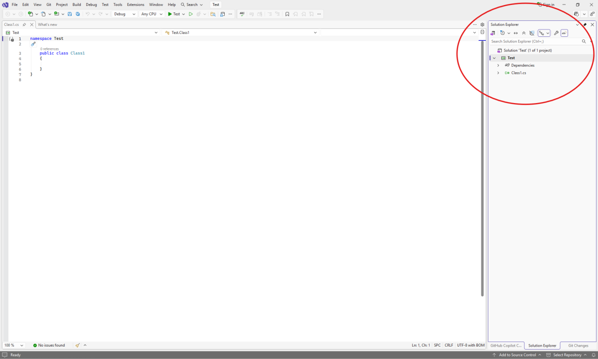 A picture of a basic layout in Visual Studio 2022 with the Solution Explorer open on the right-hand side. The solution explorer is circled in red.