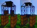 The Wooden Elevator placed on raised lumber blocks with the platform retracted (left) and descending (right).