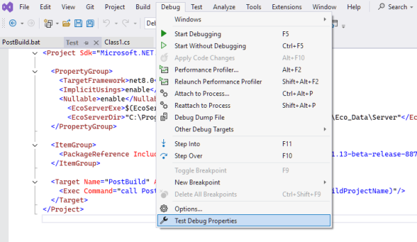 VS2022's debug menu is open from the top of the application. Highlighted is the last option "Debug Properties".